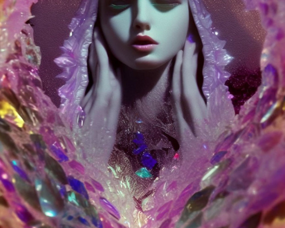 Blue-skinned woman's face in surreal, colorful crystal formation