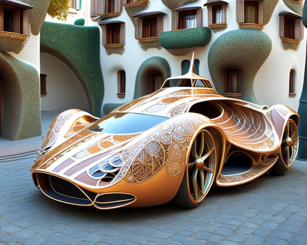 Elaborate Orange-Gold Futuristic Car in Whimsical Courtyard