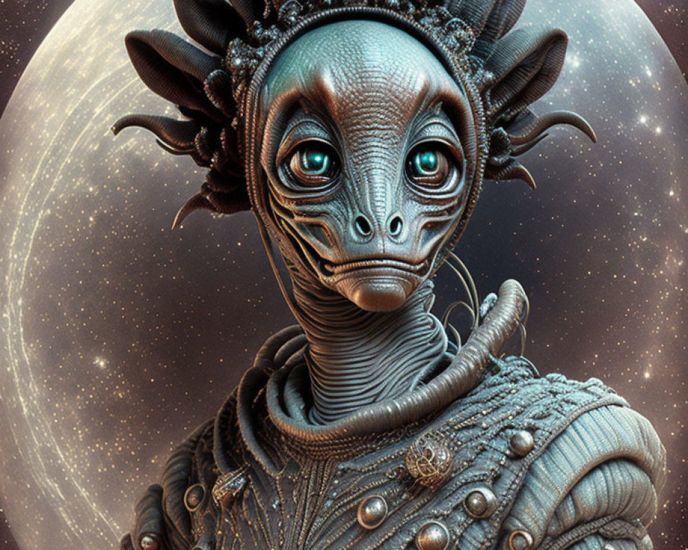 Extraterrestrial creature in celestial attire on moon background
