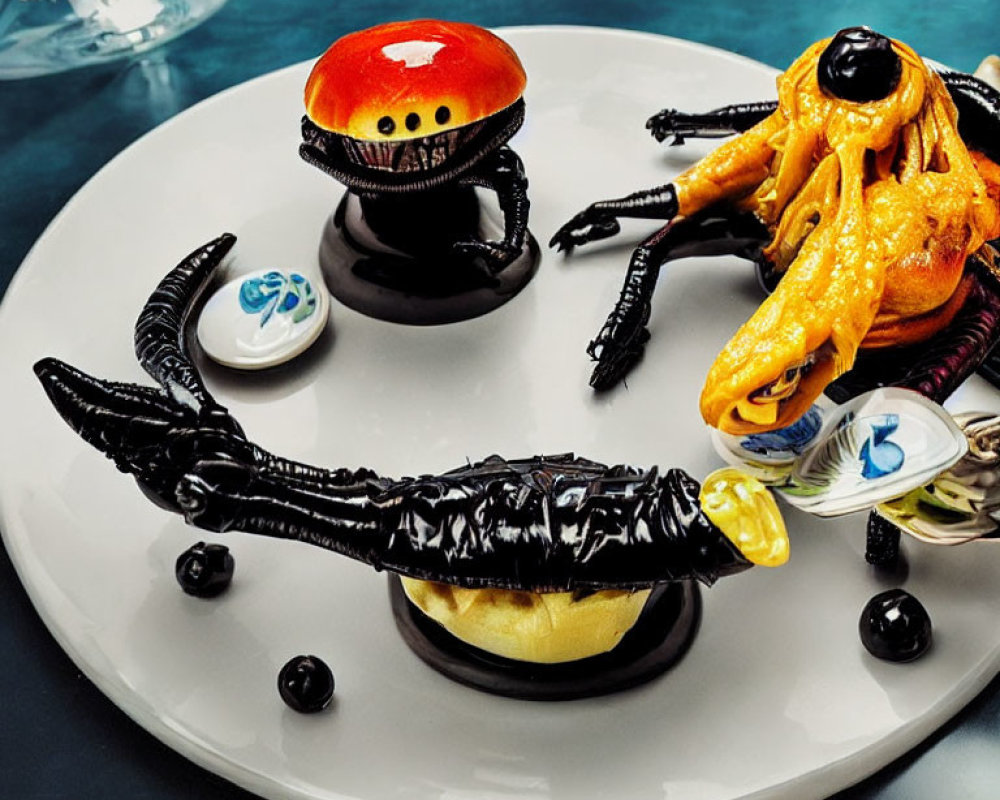 Plate with sci-fi creature-inspired artistic food: black alien figure with red cap, golden entity with tent