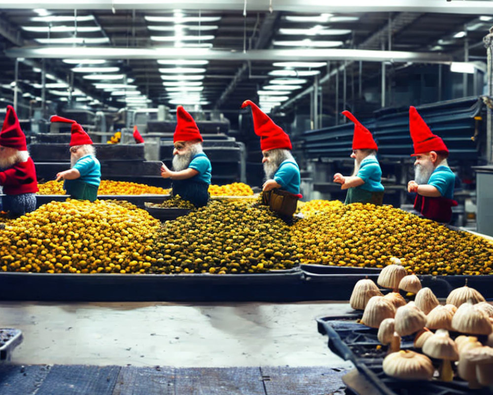 Whimsical garden gnomes sorting lemons in a fictional factory