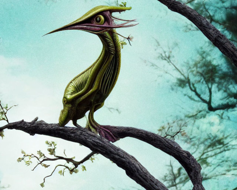 Fantastical bird with long beak perched on gnarled branch in misty forest.