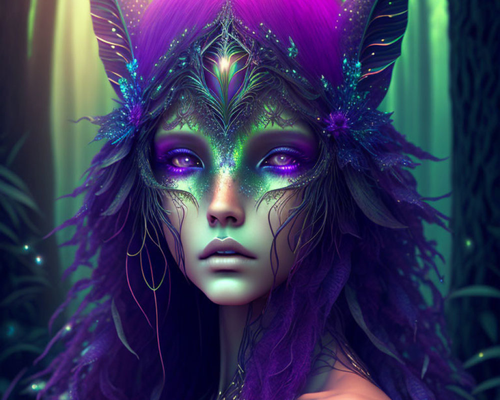 Fantastical character with purple hair and mask in mystical forest