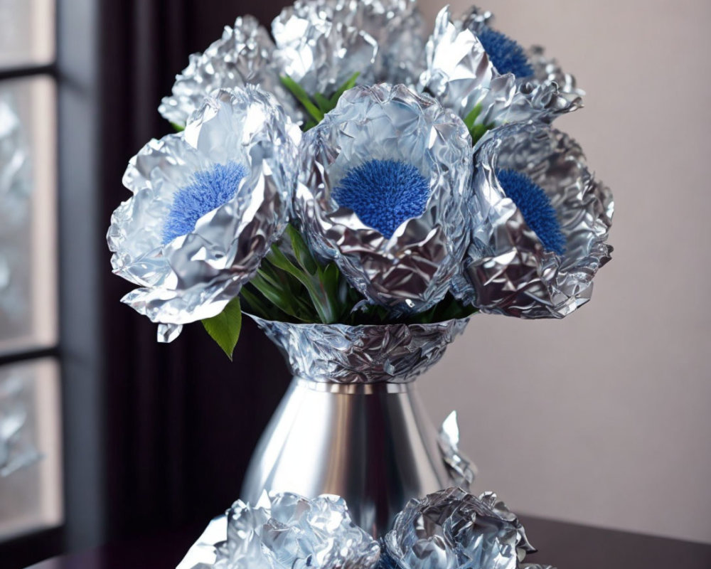 Blue Flowers Bouquet in Silver Foil Wrapping on Metallic Vase