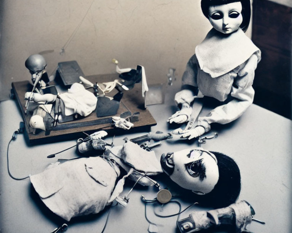 Vintage-style photo of dismembered doll on table with miniature tools