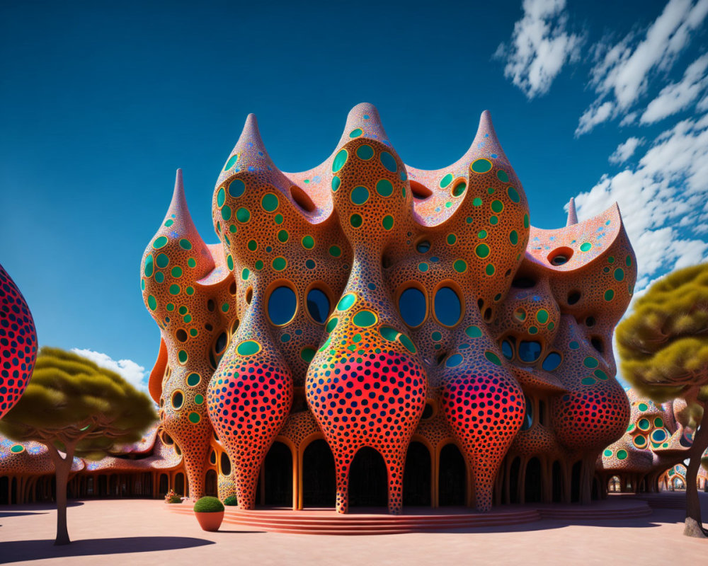 Colorful, Dotted Patterns on Futuristic Organic Building Under Blue Sky