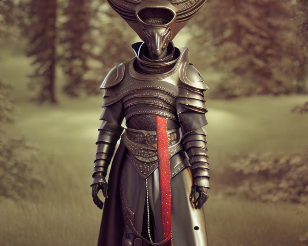 Ornate armored knight with distinctive helmet in forest