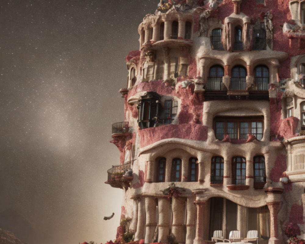 Whimsical architecture of ornate building under starry sky