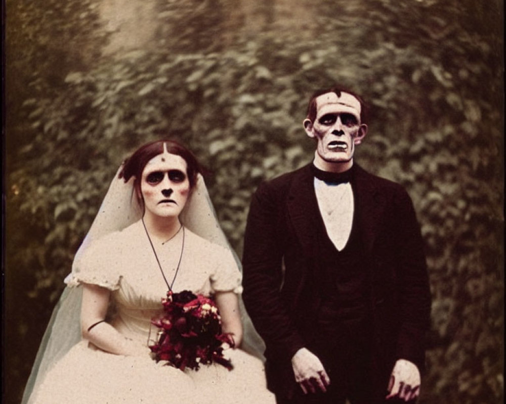 Vintage-style portrait of skull-faced bride and groom in themed attire