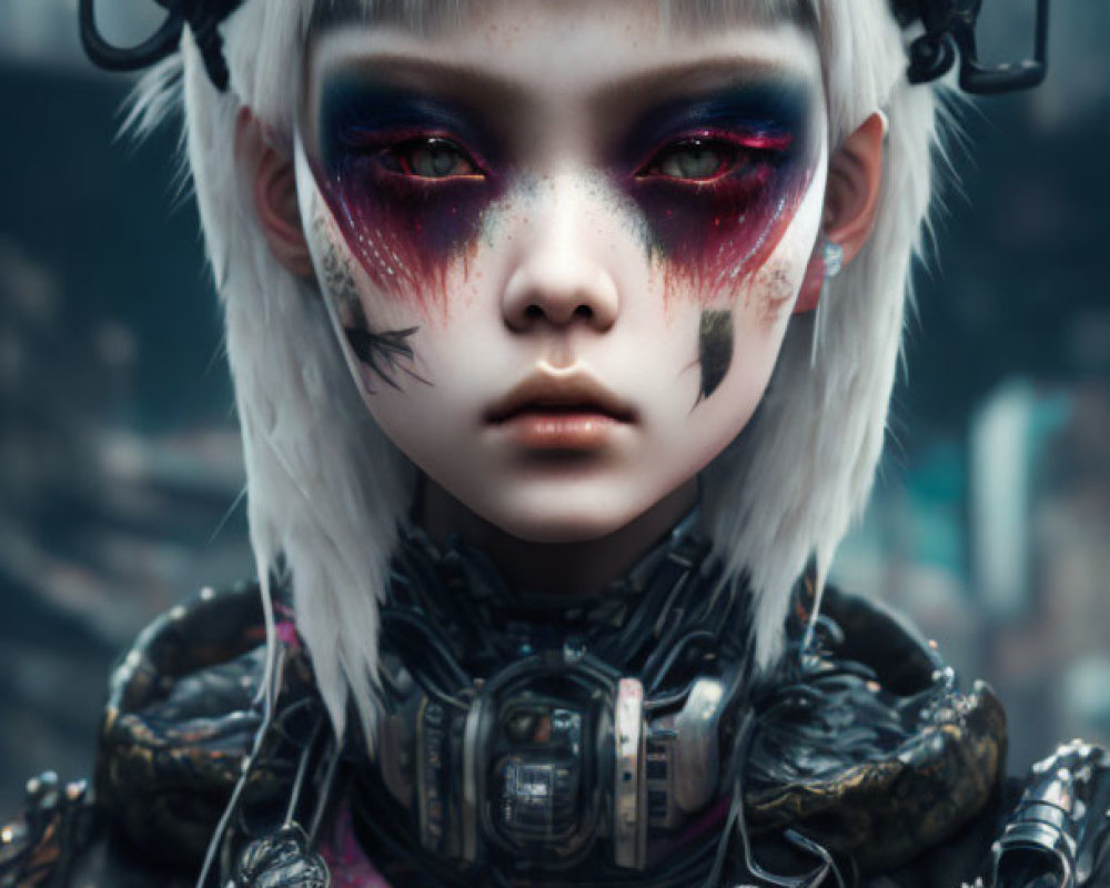 Futuristic cyberpunk style with white hair, red eye shadow, and metallic accents