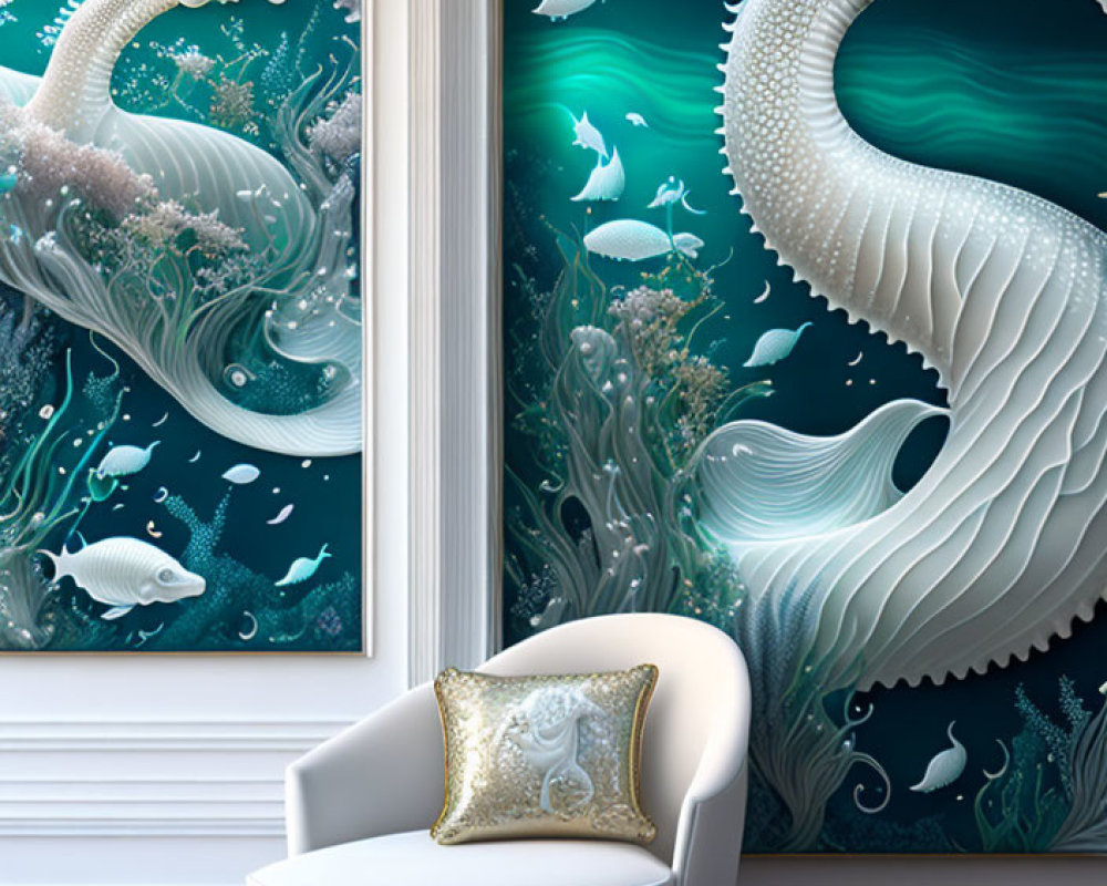 Luxurious White Armchair with Gold Pillow Next to 3D Sea Dragon Painting