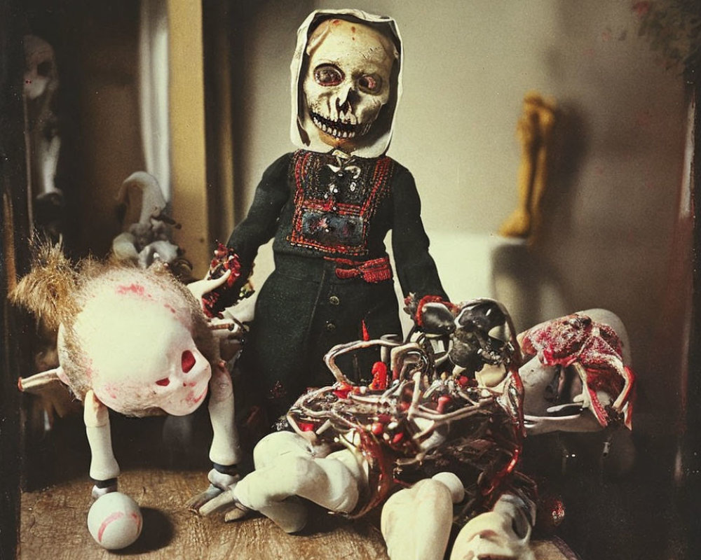 Creepy doll with skull face in nurse outfit surrounded by toy parts and spiders