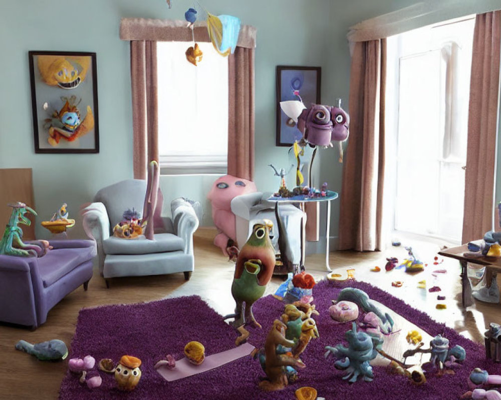 Vibrant animated monsters celebrate in chaotic living room