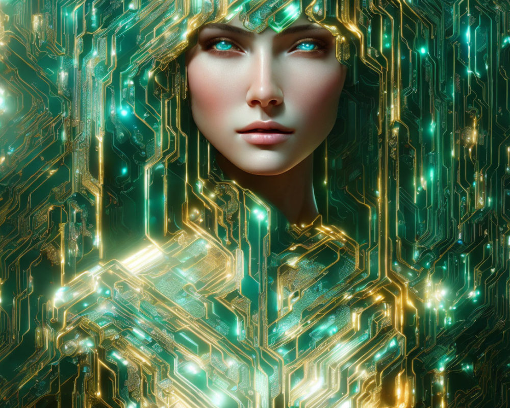 Illustration of woman merging with glowing teal and gold circuitry pattern