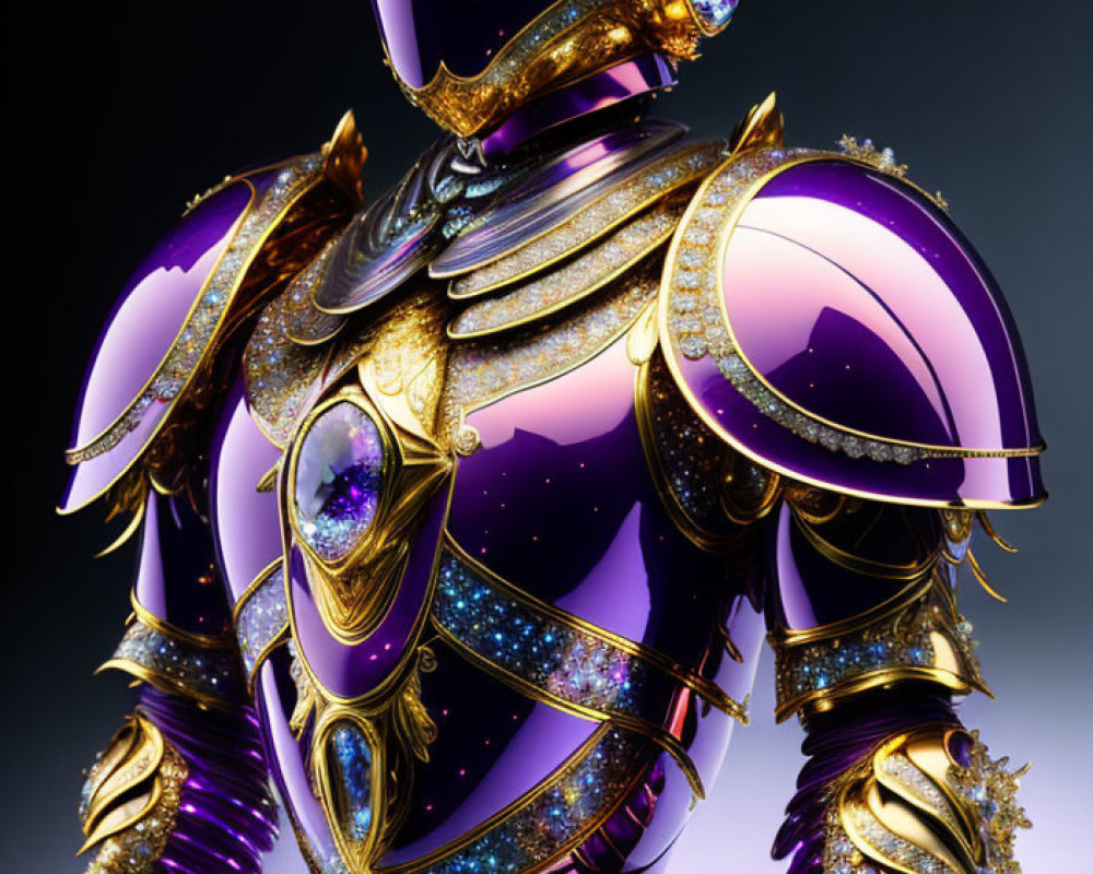 Detailed Purple and Gold Armored Robotic Figure with Intricate Designs