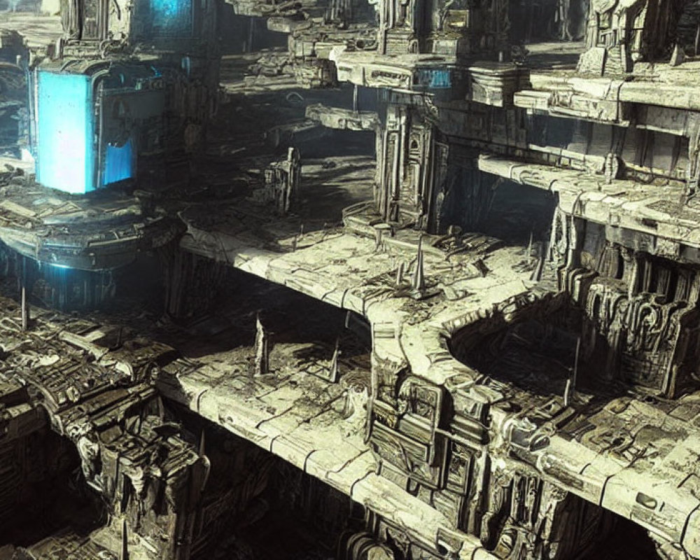 Weathered futuristic cityscape with towering structures and glowing blue screen.