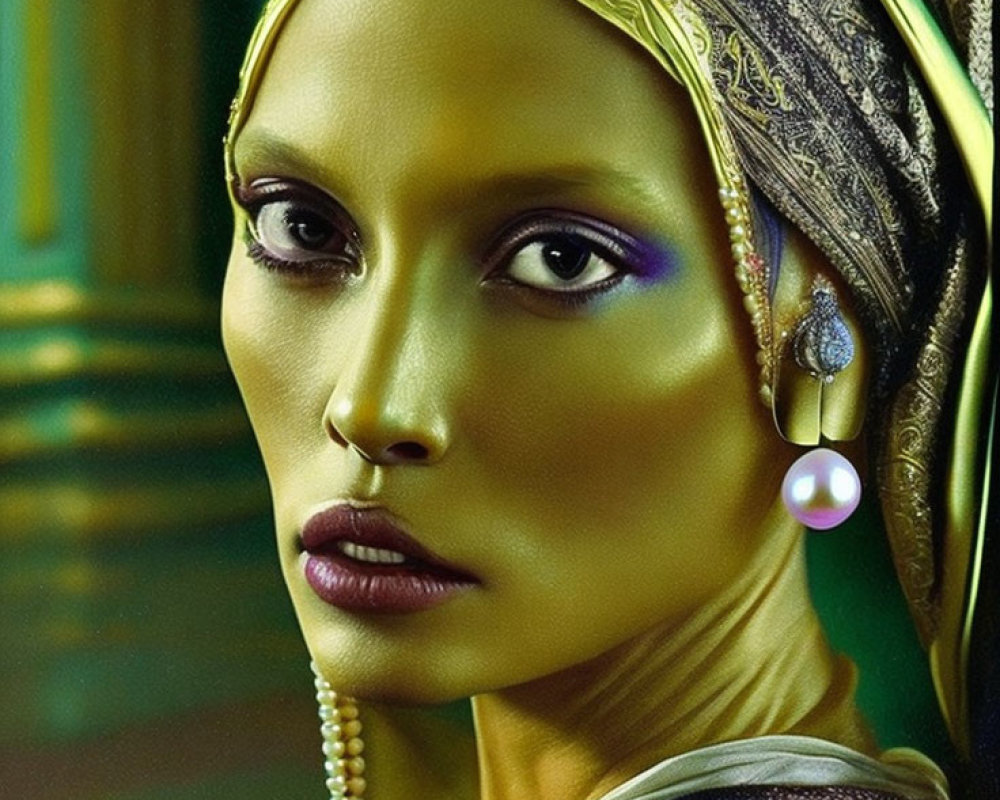 Golden-skinned woman with pearl-adorned headscarf and purple eyeshadow