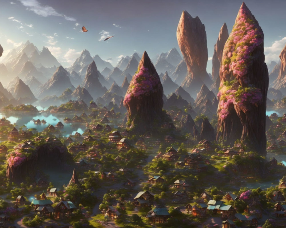 Fantasy landscape with mountains, floating rocks, valleys, houses, and trees