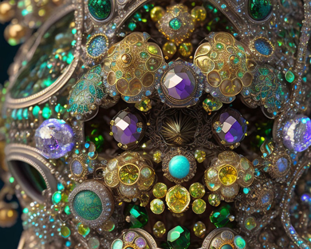 Detailed Fractal Art Piece with Gemstones and Gold Accents