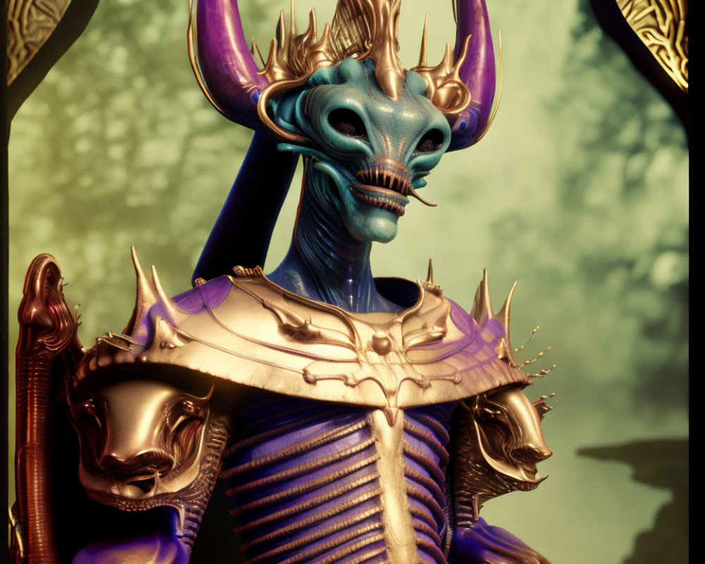 Blue-skinned fantasy creature with golden armor and purple horns in forest setting