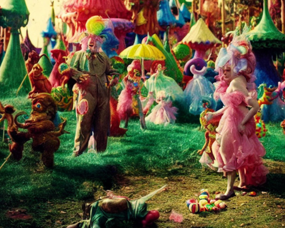 Colorful fantasy scene with costumed characters, whimsical hairstyles, and festive creatures.