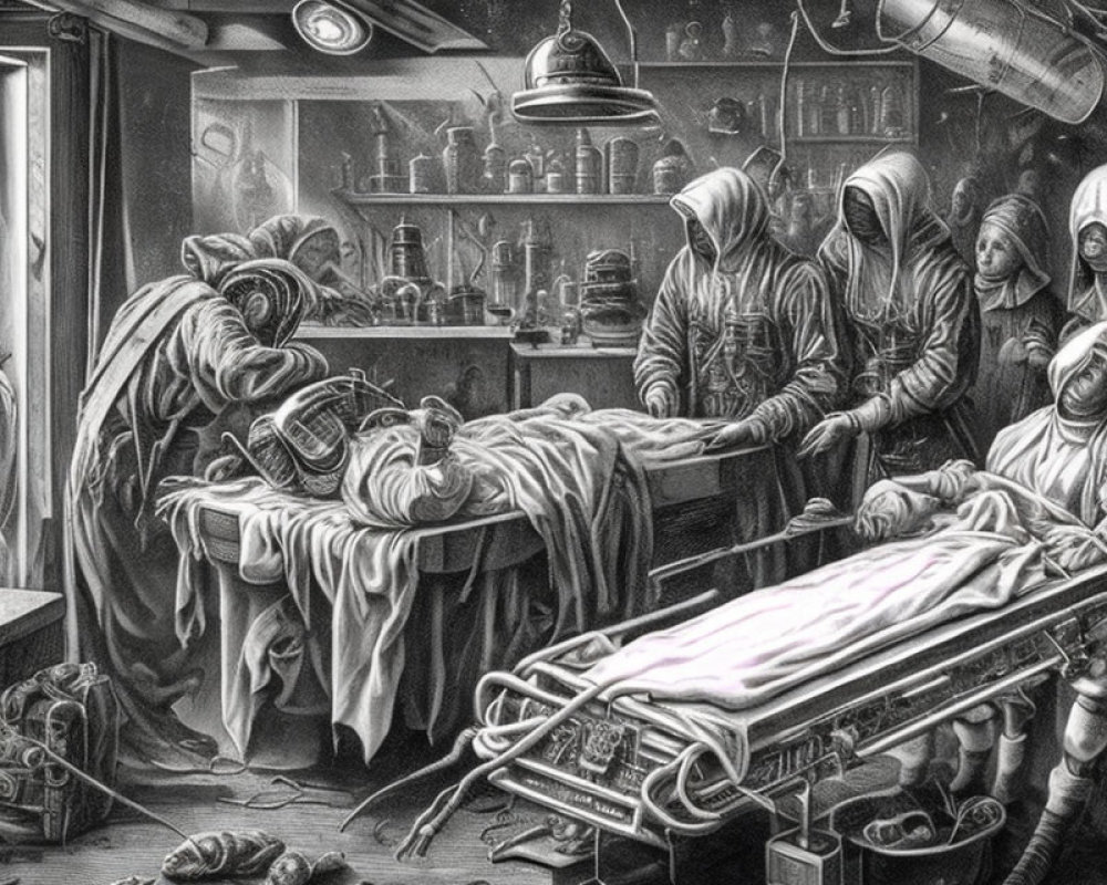 Monochromatic artwork of cloaked figures performing ritual in dark room