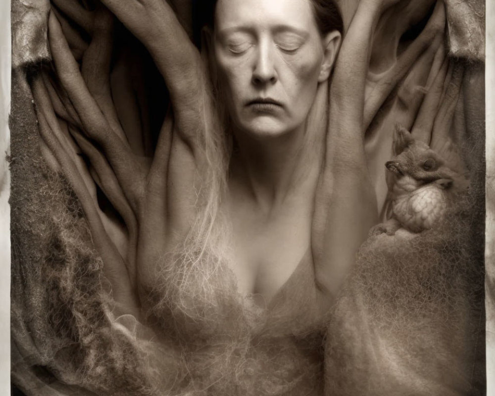 Sepia-Toned Image: Woman with Closed Eyes and Owl on Shoulder