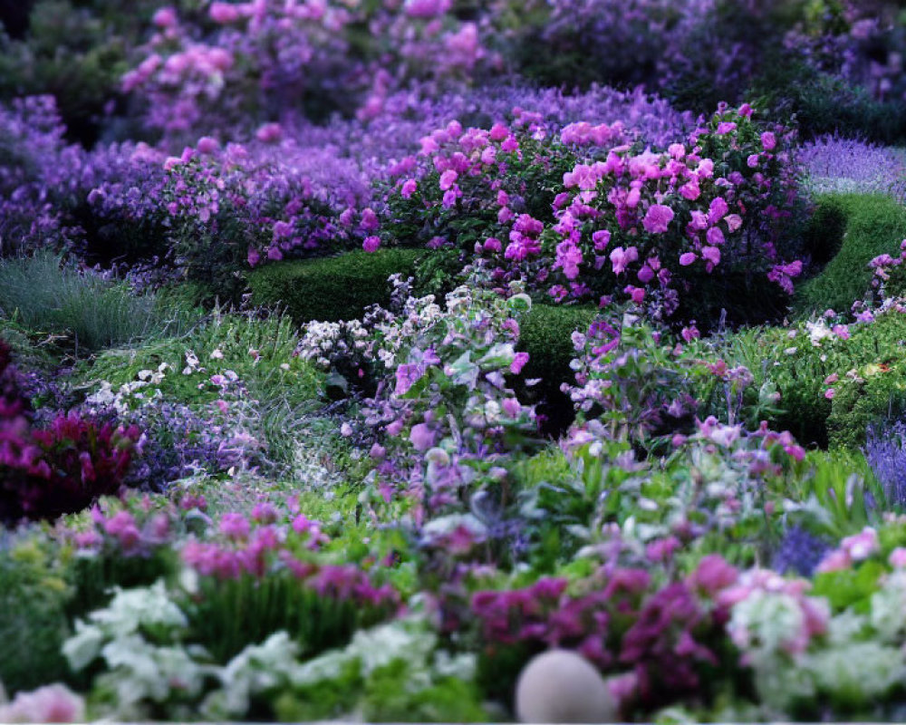 Lush garden with purple flowers and green shrubbery