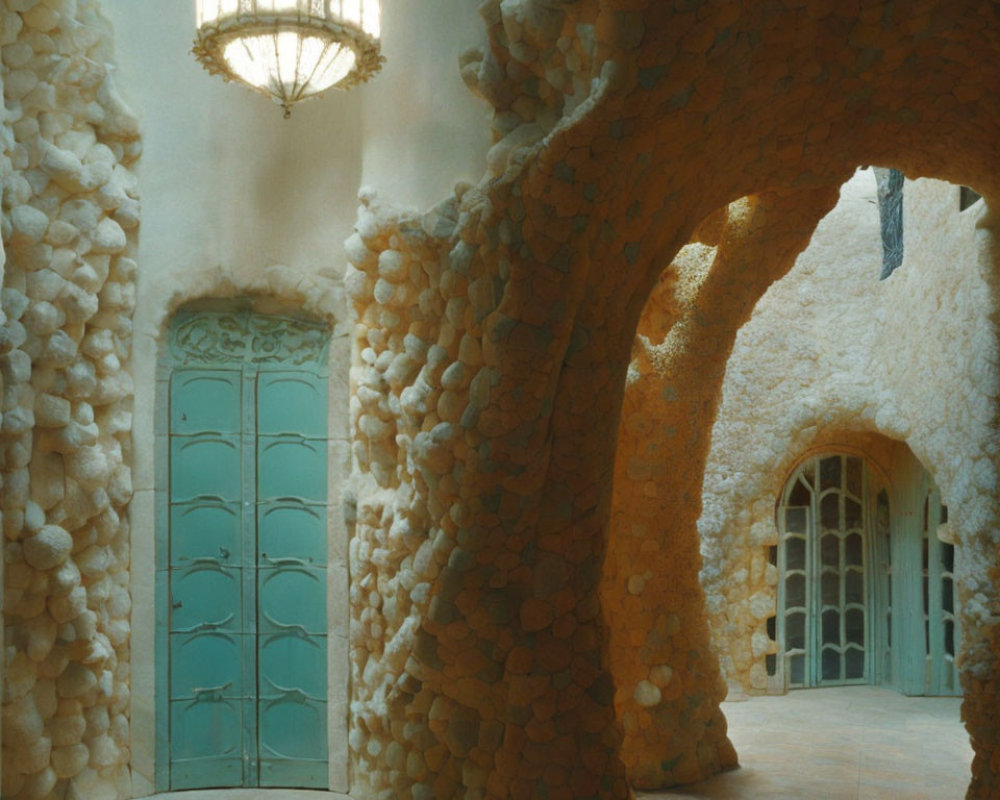 Stone Walls and Arches, Turquoise Door, Chandelier in Rustic Interior