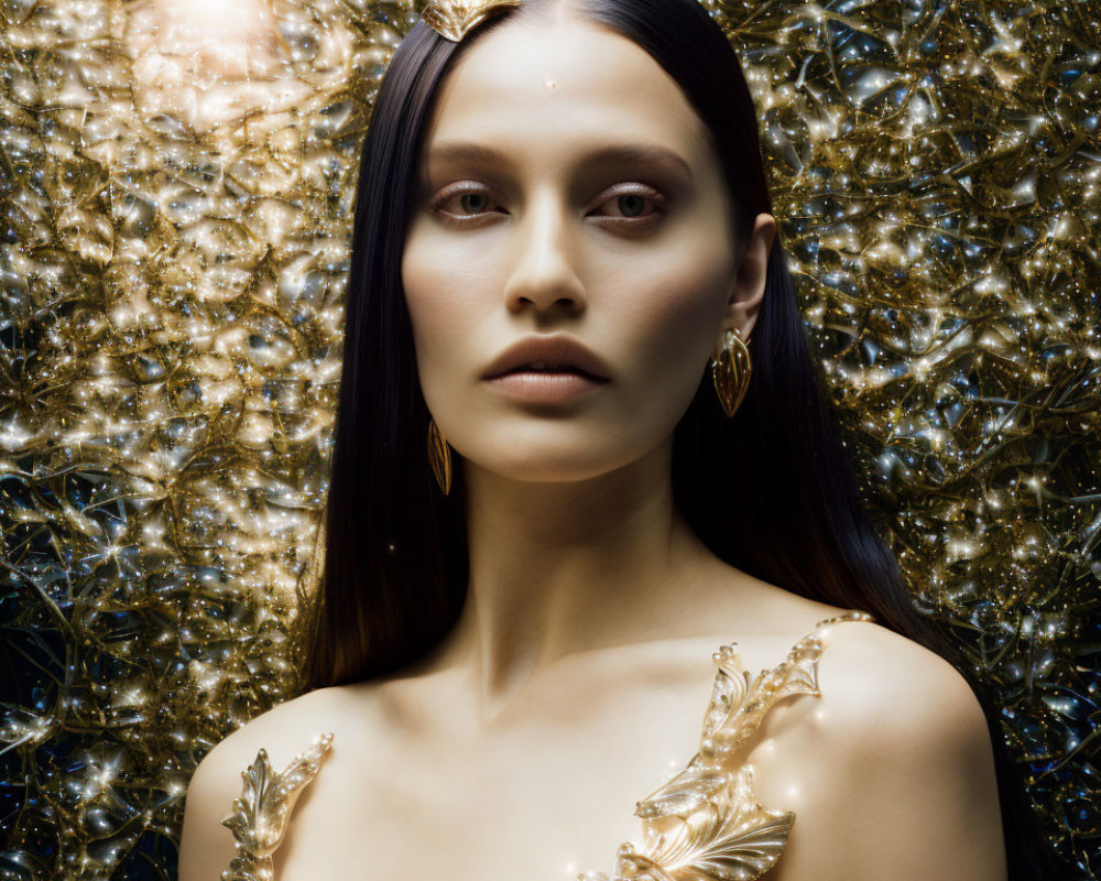 Dark-haired woman with gold leaf accessories on sparkly golden backdrop