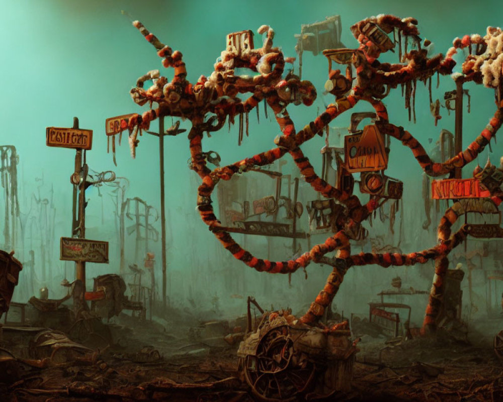 Dystopian artwork of desolate landscape with barren trees and abandoned machinery