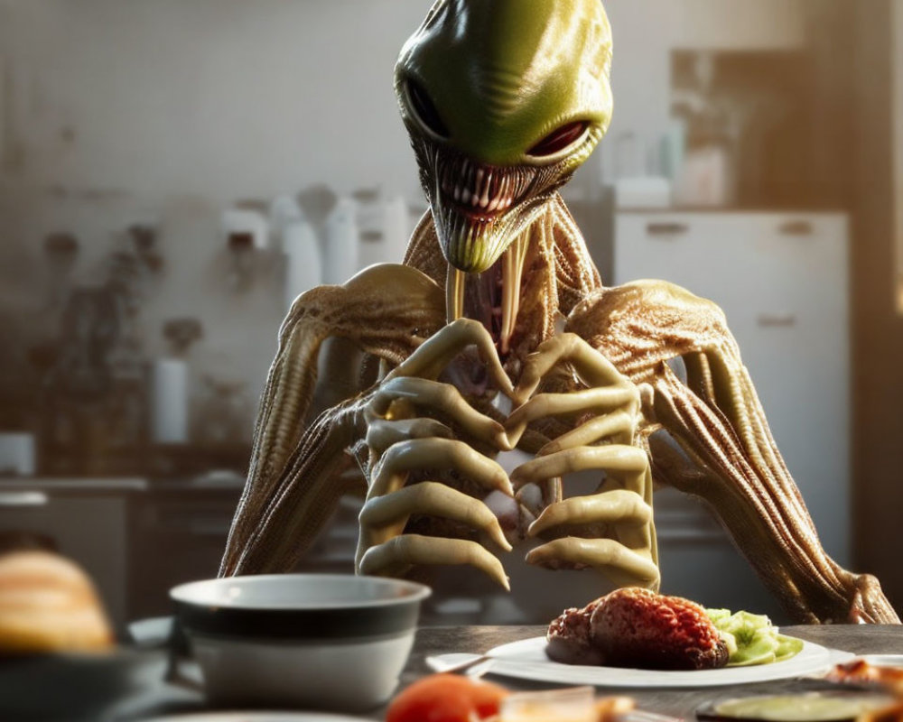 Elongated head alien with sharp teeth at breakfast table