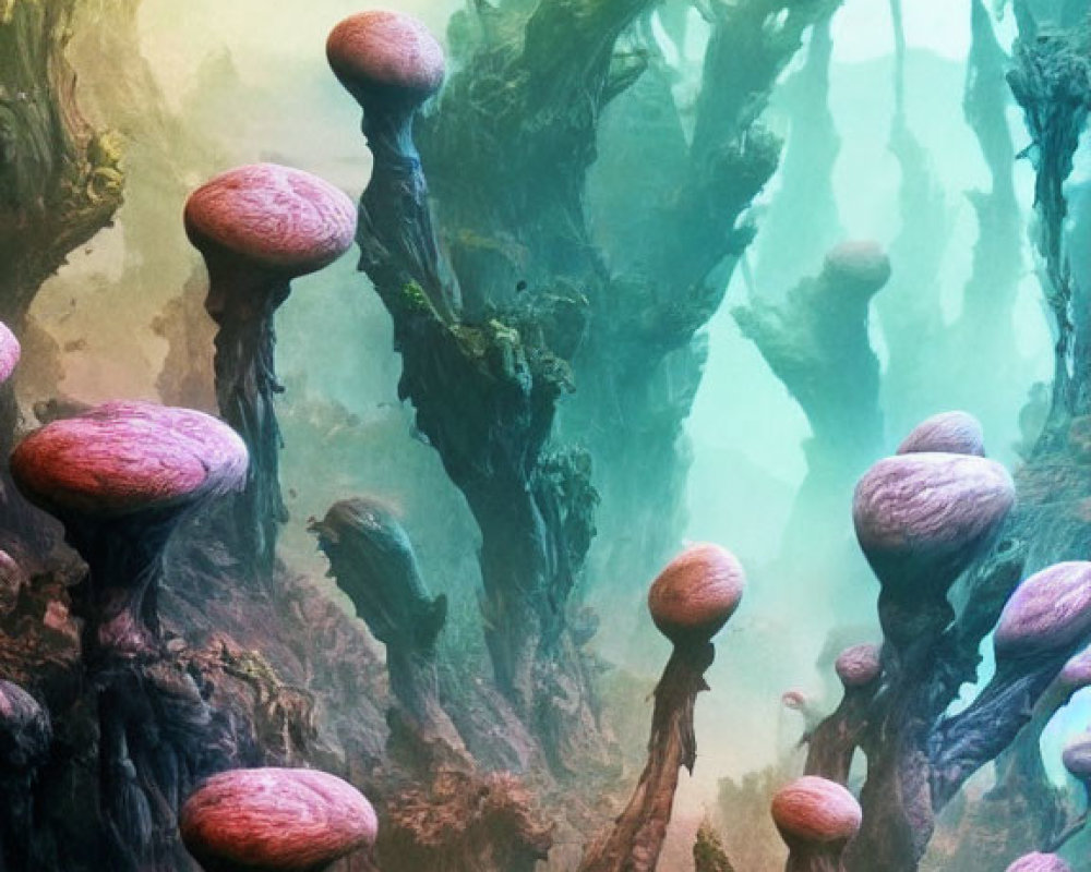 Enchanting forest with pink-capped mushrooms and ancient trees under green haze