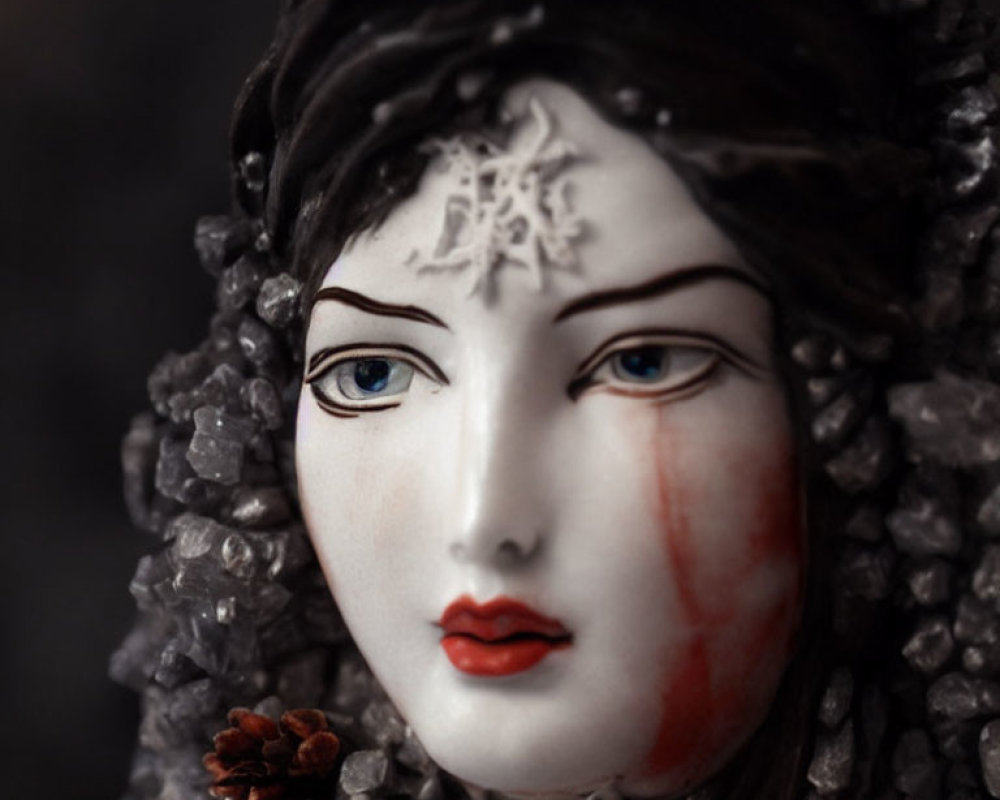 Porcelain figure with intricate facial paint and red accents