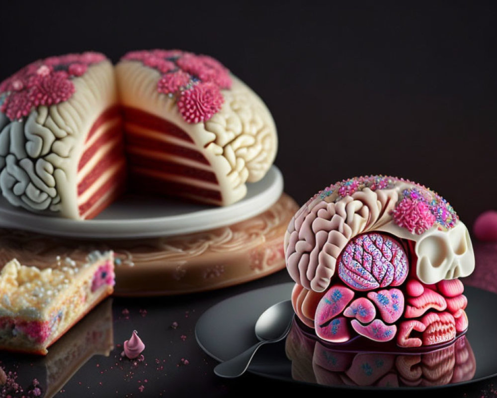 Detailed Fondant Human Brain Dessert Presentation with Pink Accents