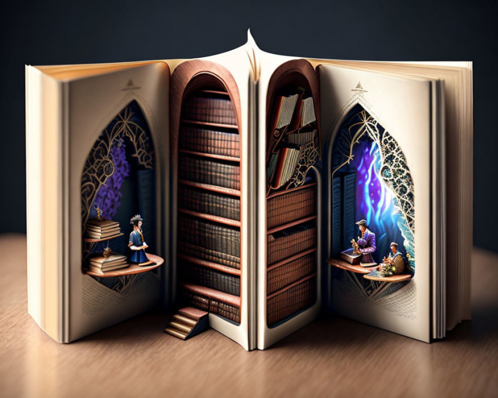 Illustrated 3D scenes of library and magical portal in open book
