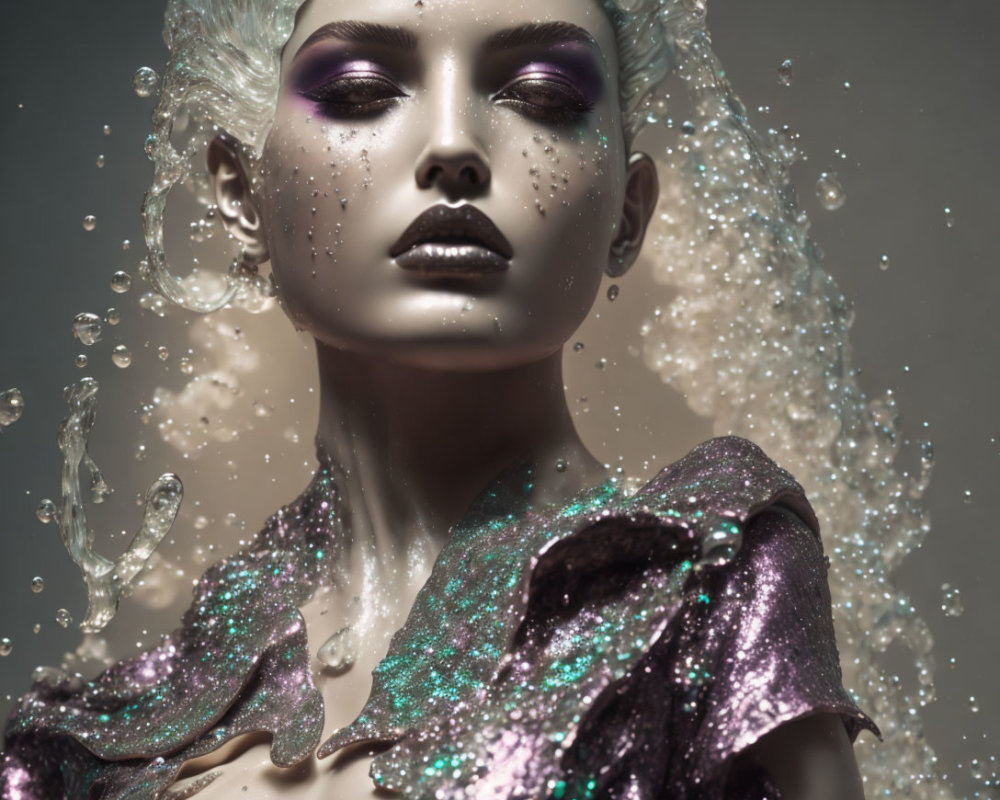 Sparkly Makeup and Violet Eyes Model in Glittery Outfit Surrounded by Water Droplets
