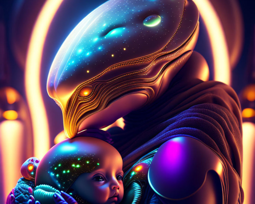 Cosmic digital artwork featuring alien figure and starry infant