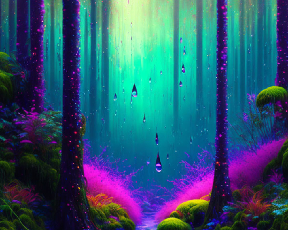 Enchanted Forest with Glowing Pink and Blue Hues