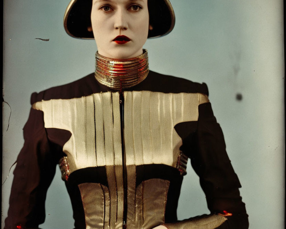 Futuristic woman in metallic collar and hat on blue backdrop