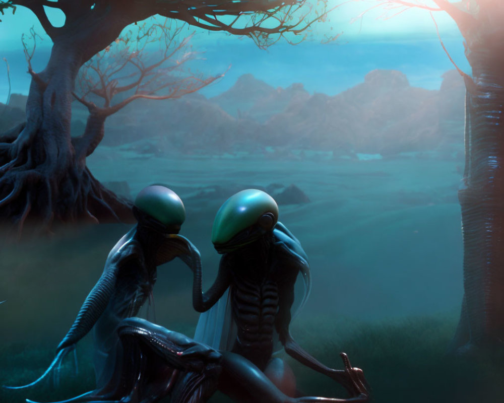 Elongated-headed extraterrestrial beings touching hands under twilight sky
