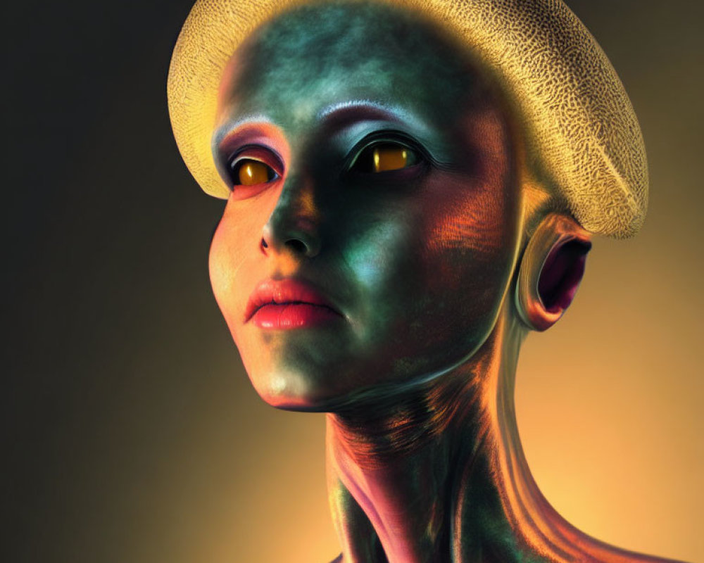 Alien digital art: green skin, yellow eyes, straw hat, warm gradient background