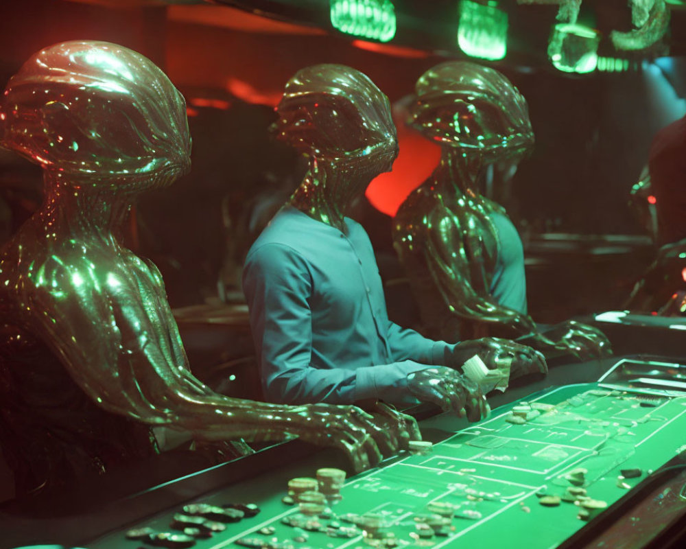 Alien-themed figures at casino table with gambling chips
