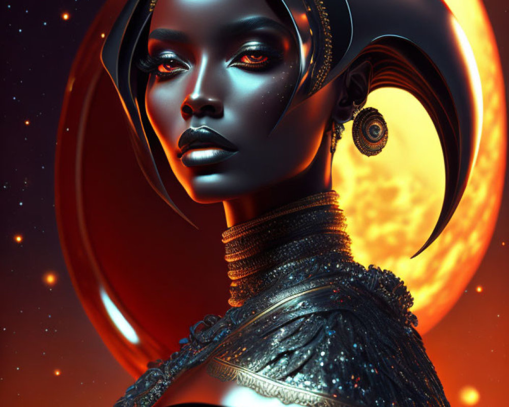 Digital art portrait of woman with metallic skin in futuristic headgear on cosmic backdrop.