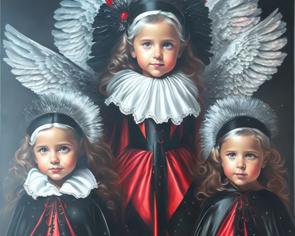 Three girls in historical costumes with large collars and red-black dresses in an eerie setting.