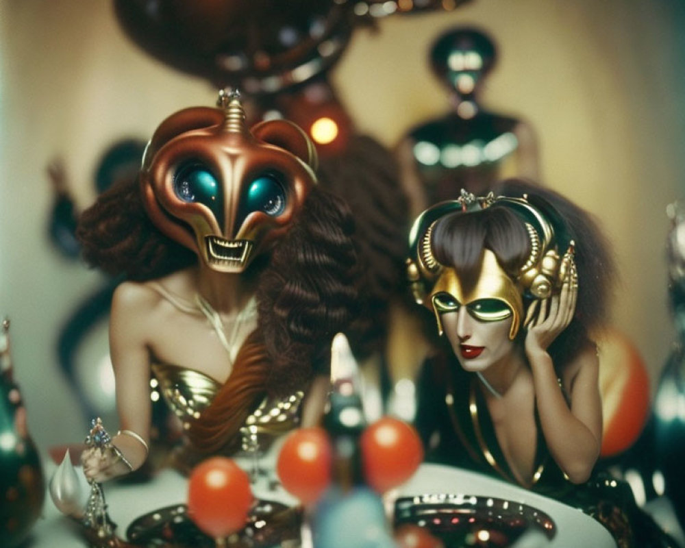 Surreal masked figures at eclectic banquet table