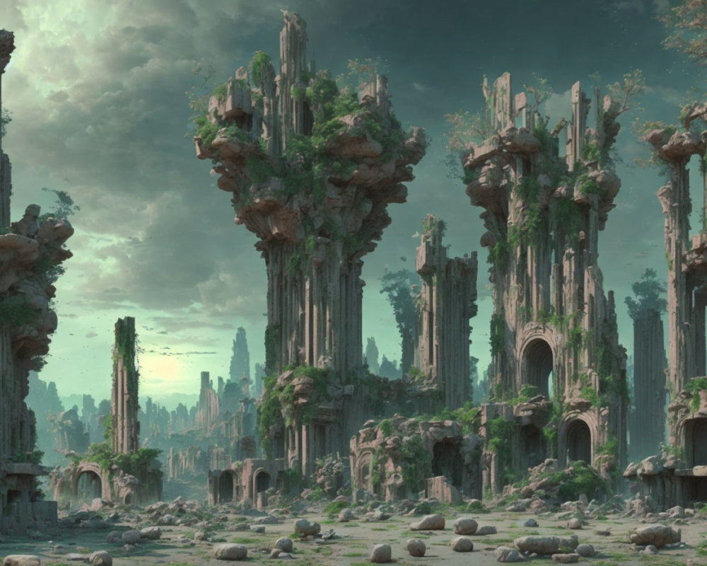 Majestic ancient ruins in lush, misty landscape