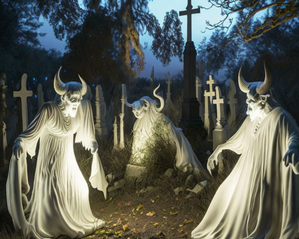 Spectral figures with horns in moonlit graveyard with crosses