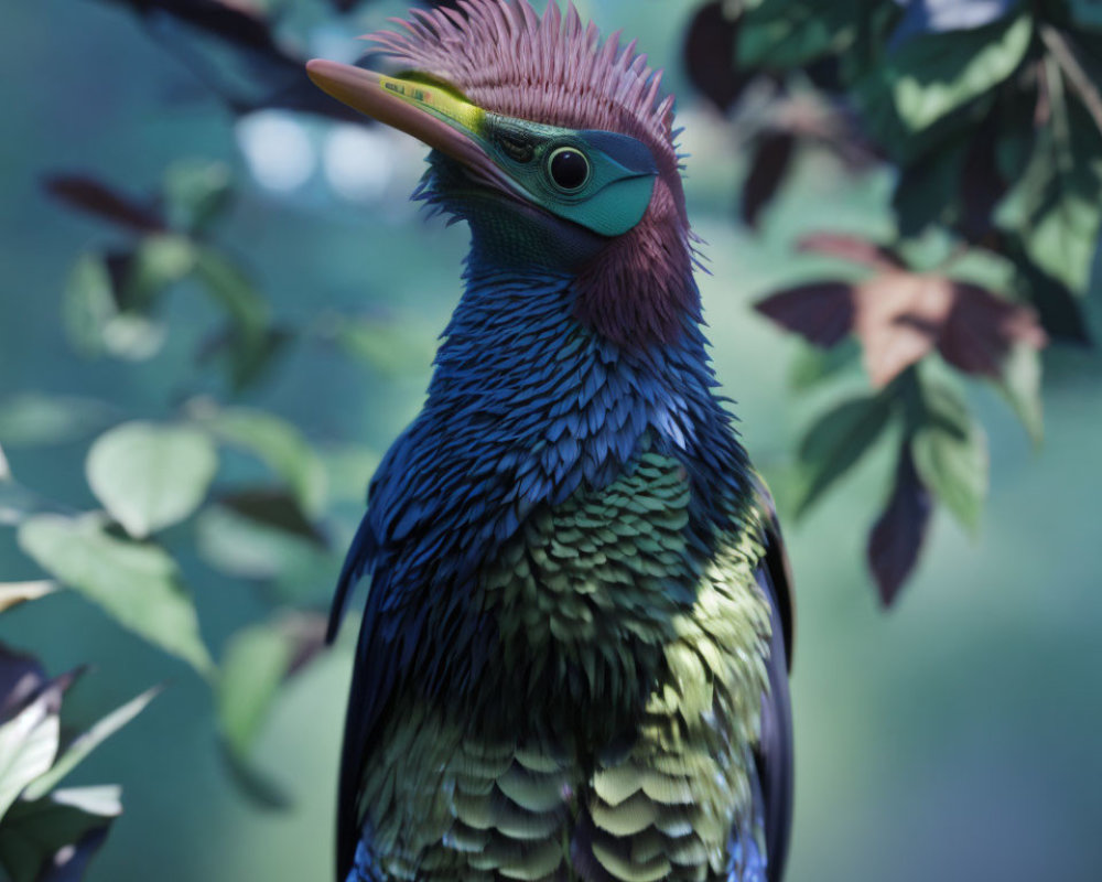 Colorful iridescent bird with broad beak in lush foliage