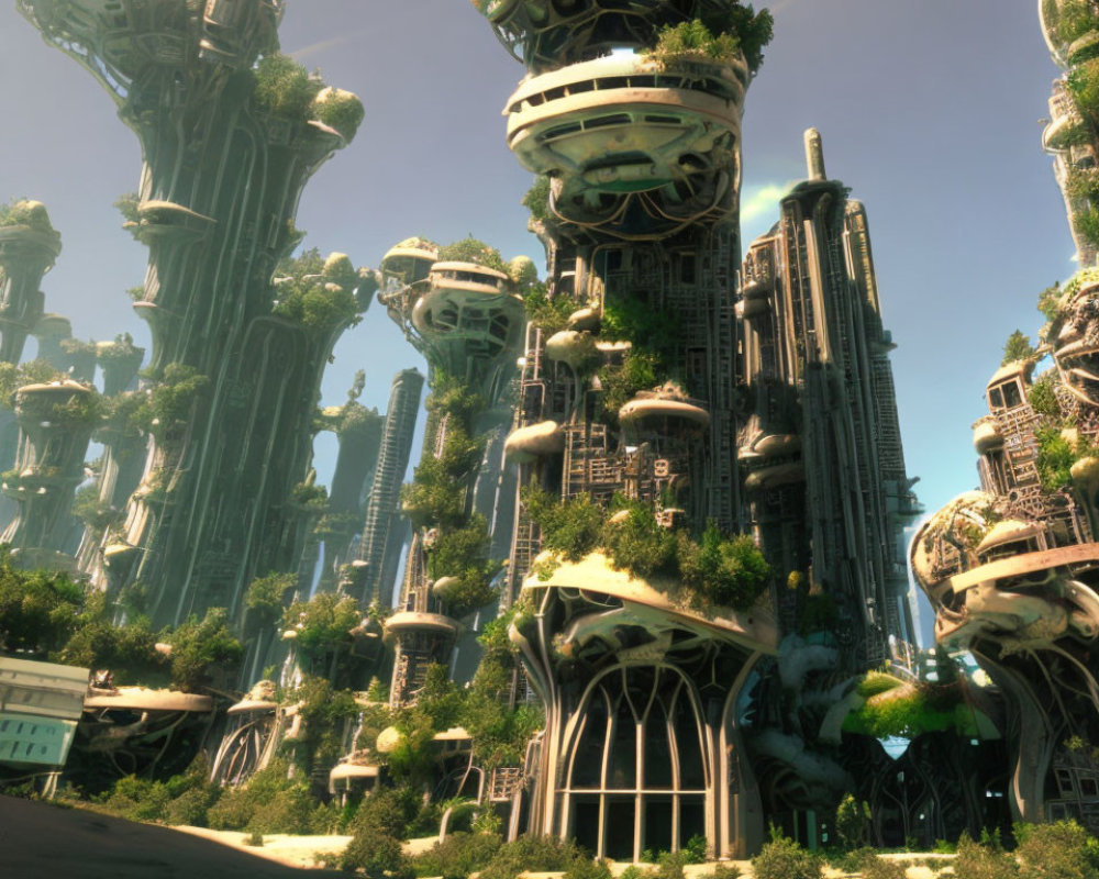 Futuristic cityscape with towering plant-covered skyscrapers
